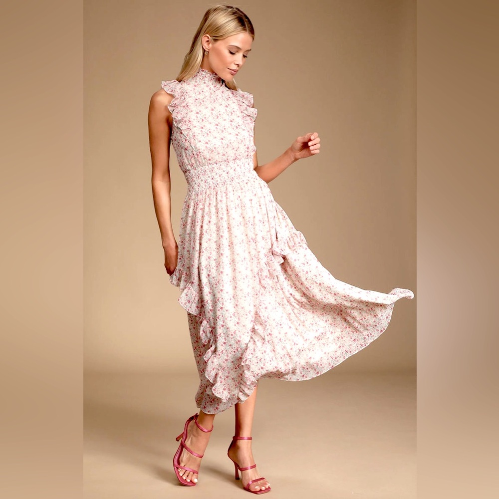 Lulus Evalina White Floral Print Mock Midi Dress